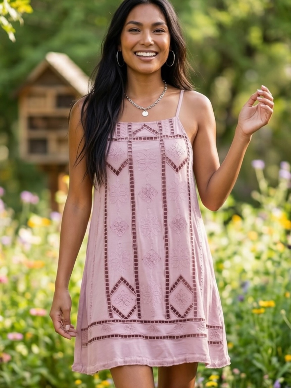 POL Pink Floral Embroidered Tunic Dress | Cutwork Square Neck Mini